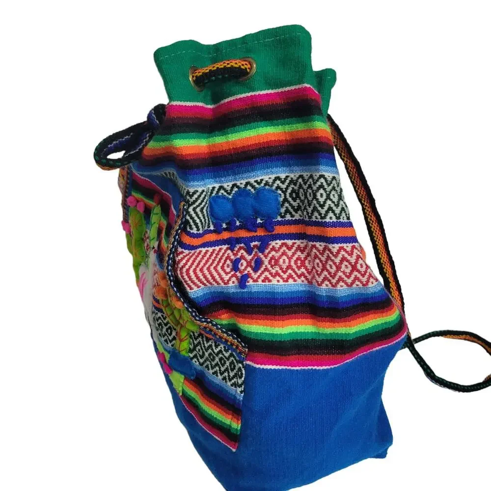 Arpilleras Backpack Blue Woven Blanket Peru Alpaca Folk Art Patchwork Burlap